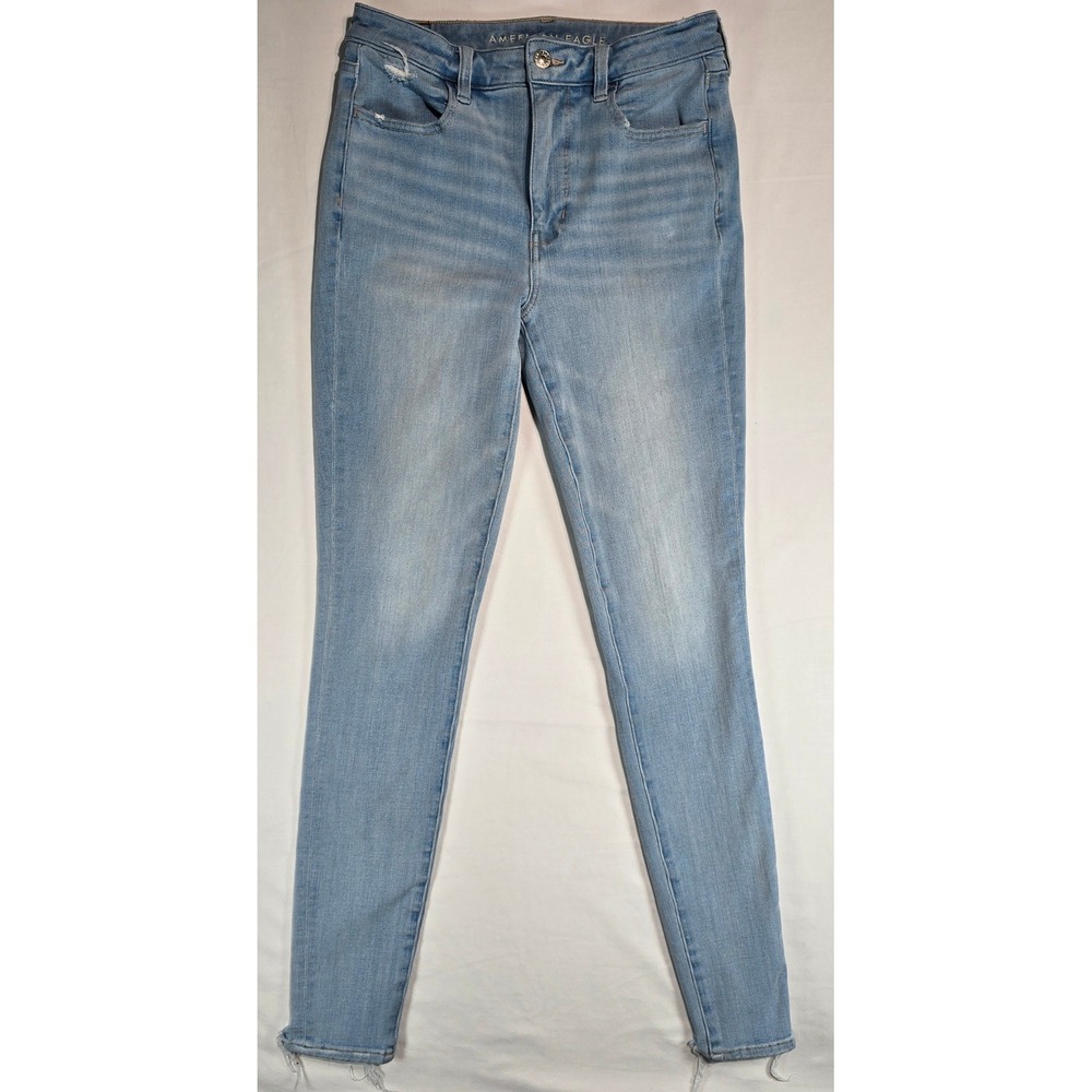 American Eagle Dream Stretch Skinny Jeans Light Wash Distressed Hem 4 Long